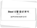 Steel 선물 옵션 분석 설민혁 윤재영 양승환 김서진 2010. 12. 1. index 2. 최근 Steel 동향 3. 선물을 이용한 헤지비율 4. 이론적 옵션투자전략 4. 이론적 옵션투자전략 5. 옵션을 이용한 차익거래 1. Steel 선물 Review 6. 전망.