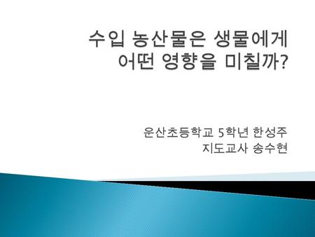 운산초등학교 5 학년 한성주 지도교사 송수현.  엄마는 왜 수입산 농산물을 안 사려고 하실까 ???