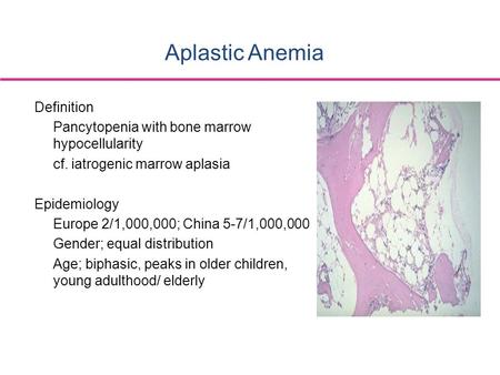 Aplastic Anemia Definition Pancytopenia with bone marrow hypocellularity cf. iatrogenic marrow aplasia Epidemiology Europe 2/1,000,000; China 5-7/1,000,000.