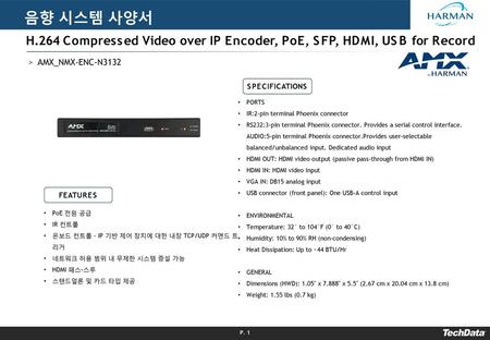 음향 시스템 사양서 H.264 Compressed Video over IP Encoder, PoE, SFP, HDMI, USB for Record AMX_NMX-ENC-N3132 SPECIFICATIONS PORTS IR:2-pin terminal Phoenix connector.