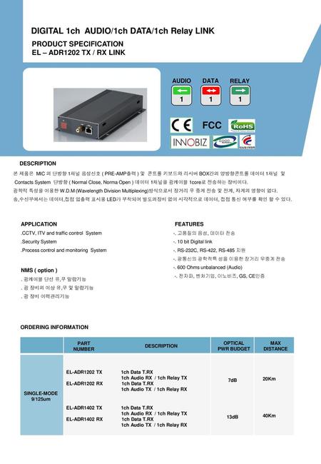 FCC DIGITAL 1ch AUDIO/1ch DATA/1ch Relay LINK PRODUCT SPECIFICATION