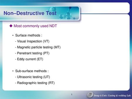 Non–Destructive Test Most commonly used NDT Surface methods :
