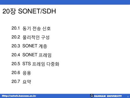 20장 SONET/SDH 20.1 동기 전송 신호 20.2 물리적인 구성 20.3 SONET 계층 20.4 SONET 프레임