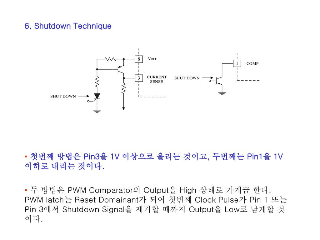 6. Shutdown Technique 첫번째 방법은 Pin3을 1V 이상으로 올리는 것이고, 두번째는 Pin1을 1V 이하로 내리는 것이다. 두 방법은 PWM Comparator의 Output을 High 상태로 가게끔 한다.