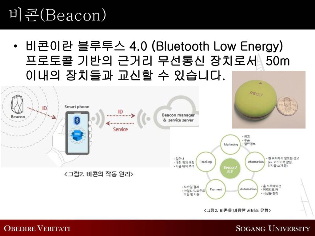 비콘(Beacon) 비콘이란 블루투스 4.0 (Bluetooth Low Energy) 프로토콜 기반의 근거리 무선통신 장치로서 50m 이내의 장치들과 교신할 수 있습니다.