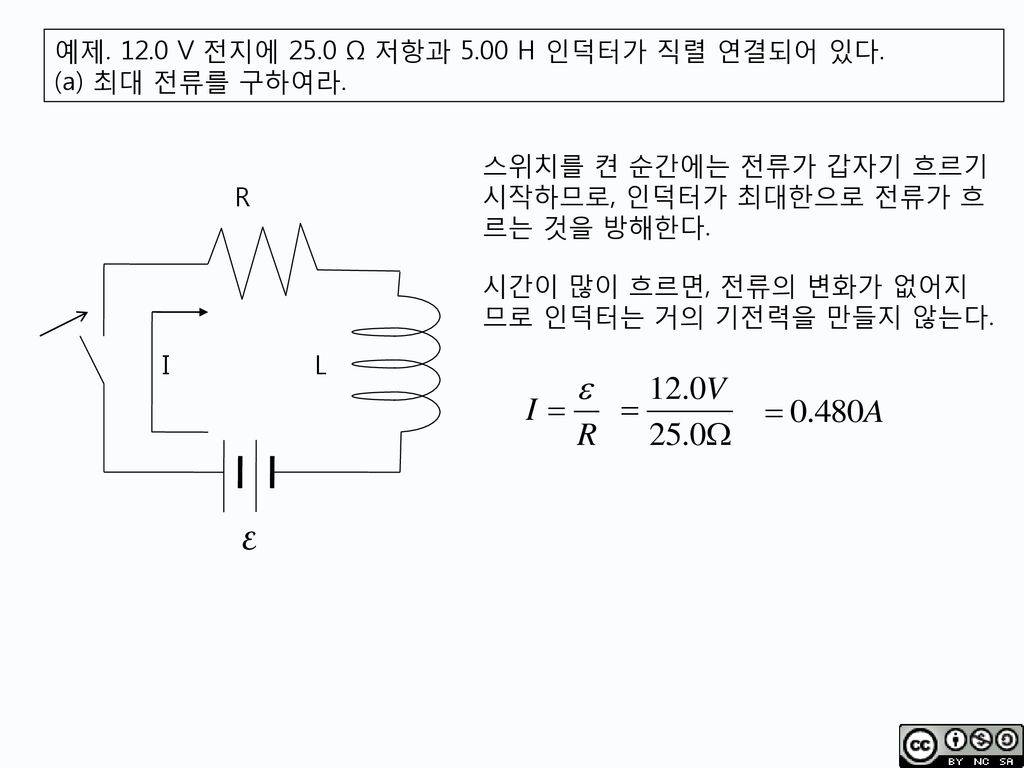 예제 V 전지에 25.0 Ω 저항과 5.00 H 인덕터가 직렬 연결되어 있다.