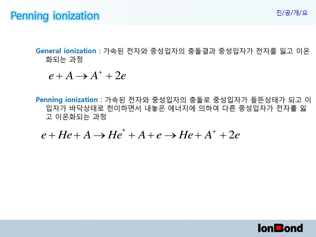 Penning ionization General ionization : 가속된 전자와 중성입자의 충돌결과 중성입자가 전자를 잃고 이온화되는 과정.