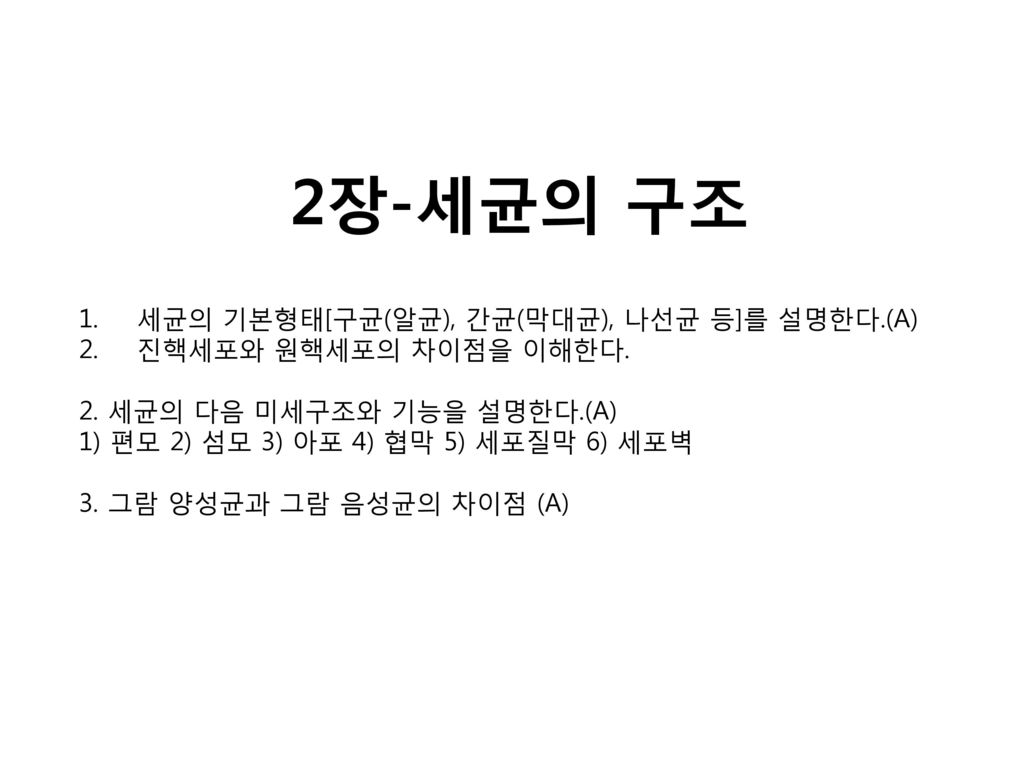 2장-세균의 구조 세균의 기본형태[구균(알균), 간균(막대균), 나선균 등]를 설명한다.(A) - Ppt Download