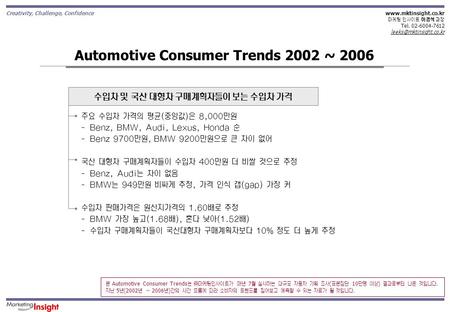 Creativity, Challenge, Confidence  마케팅 인사이트 이경석 과장 Tel. 02-6004-7612 Automotive Consumer Trends 2002 ~ 2006.