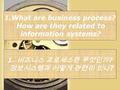 Page 1 1.What are business process? How are they related to information systems? 1. 비즈니스 프로세스란 무엇인가 ? 정보시스템과 어떻게 관련이 있나 ?