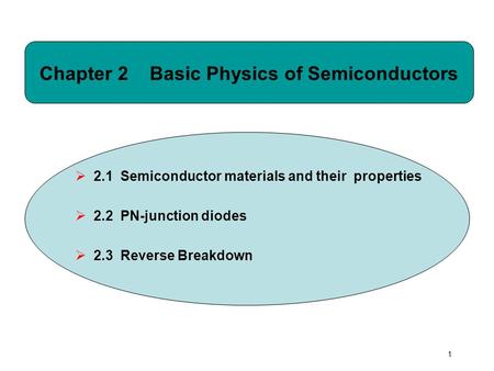 1 Chapter 2 Basic Physics of Semiconductors  2.1 Semiconductor materials and their properties  2.2 PN-junction diodes  2.3 Reverse Breakdown.