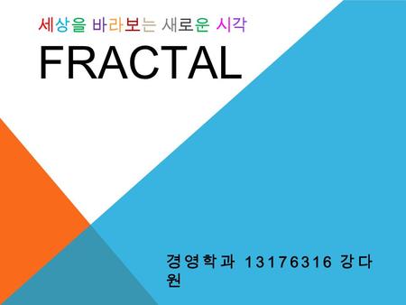 세상을 바라보는 새로운 시각 FRACTAL 경영학과 13176316 강다 원. 목차  프랙탈의 개념  프랙탈의 유래  프랙탈의 특징  프랙탈 동영상  프랙탈의 예  인간이 만든 프랙탈  프랙탈의 응용  프랙탈의 의의.