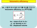 Volumetric efficiency Q1. 어떻게 하여 많은 공기를 유입할 것인가 ? Volumetric efficiency, η v ( 체적효율 ) m a : mass of air in d.v ρ : air density in d.v Vd : displaced volume.