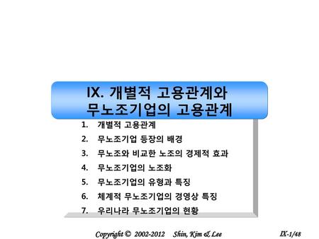 IX. 개별적 고용관계와 무노조기업의 고용관계 개별적 고용관계 무노조기업 등장의 배경 무노조와 비교한 노조의 경제적 효과