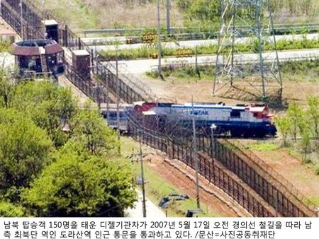 남북 탑승객 150명을 태운 디젤기관차가 2007년 5월 17일 오전 경의선 철길을 따라 남측 최북단 역인 도라산역 인근 통문을 통과하고 있다. /문산=사진공동취재단.