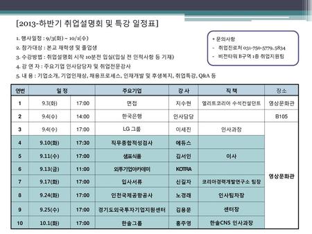 [2013-하반기 취업설명회 및 특강 일정표] 1. 행사일정 : 9/3(화) ~ 10/1(수)