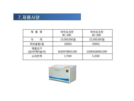 7.제품사양 제 품 명 바이오크린 BC-100 BC-200 가 격 13,000,000원 21,000,000원 처리용량/일