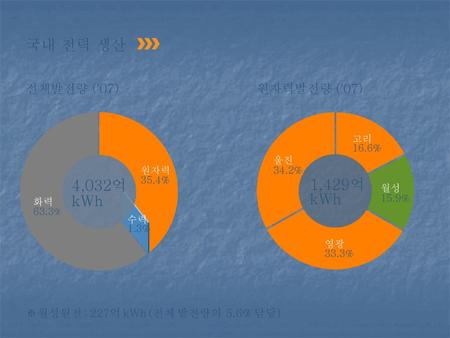 국내 전력 생산 4,032억 kWh 1,429억 kWh 전체발전량 (’07) 원자력발전량 (’07)