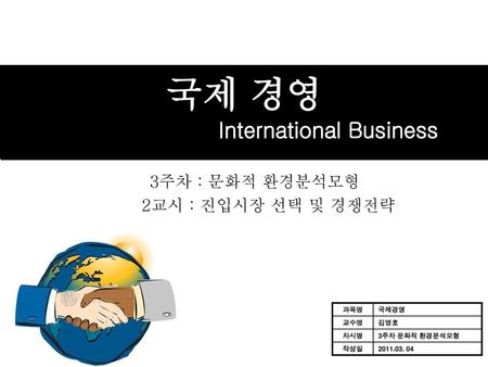 국제 경영 International Business 3주차 : 문화적 환경분석모형 2교시 : 진입시장 선택 및 경쟁전략 과목명