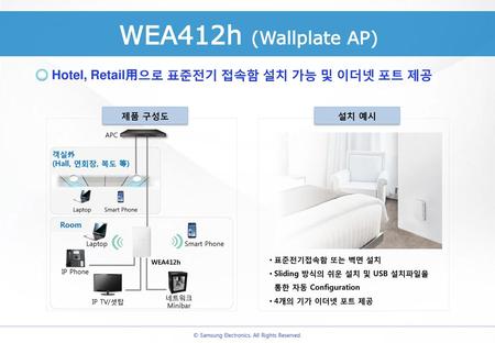 WEA412h (Wallplate AP) Hotel, Retail用으로 표준전기 접속함 설치 가능 및 이더넷 포트 제공