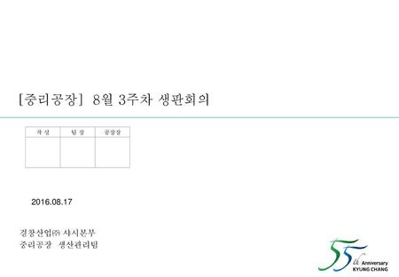 [중리공장] 8월 3주차 생판회의 작 성 팀 장 공장장 2016.08.17 경창산업㈜ 샤시본부 중리공장 생산관리팀.