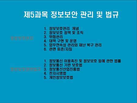 제5과목 정보보안 관리 및 법규 정보보호심사원 양성교육교재 정보보호관리체계 ISMS ( ) 정보보호관리 정보보호관련법규