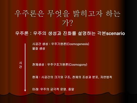 우주론은 무엇을 밝히고자 하는가? 우주론 : 우주의 생성과 진화를 설명하는 각본scenario