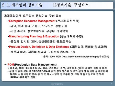 2-1. 제조업과 정보기술 1)정보기술 구성요소 ①제조업에서 요구되는 정보기술 구성 요소