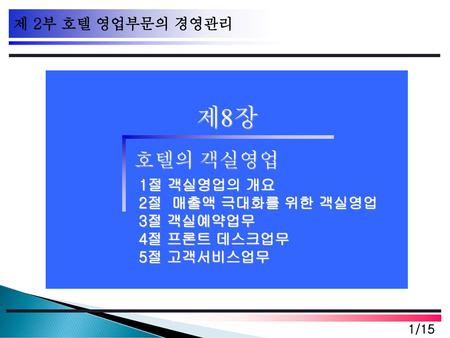 제8장 호텔의 객실영업 제 2부 호텔 영업부문의 경영관리 1절 객실영업의 개요 2절 매출액 극대화를 위한 객실영업