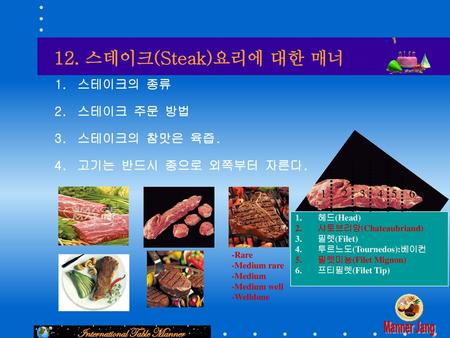 12. 스데이크(Steak)요리에 대한 매너 스테이크의 종류 스테이크 주문 방법 스테이크의 참맛은 육즙.