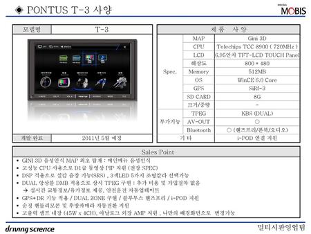 ◈ PONTUS T-3 사양 T-3 모델명 제 품 사 양 Sales Point Spec. MAP Gini 3D CPU
