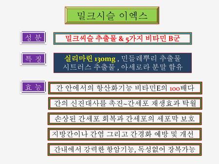 밀크시슬 이엑스 성 분 밀크씨슬 추출물 & 5가지 비타민 B군 특 징 실리마린 130mg , 민들레뿌리 추출물