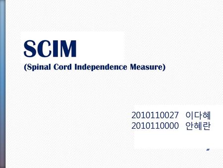 SCIM (Spinal Cord Independence Measure) 2010110027 이다혜 2010110000 안혜란.