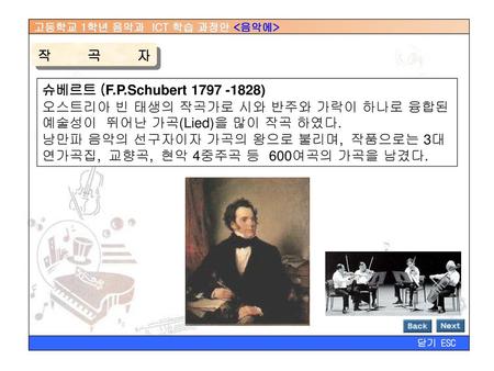 작곡자 슈베르트 (F.P.Schubert 1797 -1828) 오스트리아 빈 태생의 작곡가로 시와 반주와 가락이 하나로 융합된 예술성이 뛰어난 가곡(Lied)을 많이 작곡 하였다. 낭만파 음악의 선구자이자 가곡의 왕으로 불리며, 작품으로는 3대 연가곡집, 교향곡,