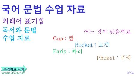 국어 문법 수업 자료 외래어 표기법 독서와 문법 수업 자료 어느 것이 맞을까요 Cup : 컾 Rocket : 로켓