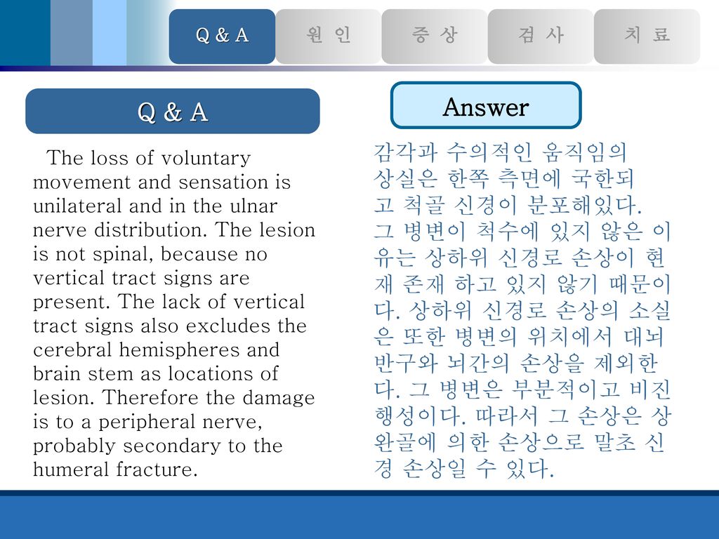 Answer Q & A 감각과 수의적인 움직임의 상실은 한쪽 측면에 국한되 고 척골 신경이 분포해있다.