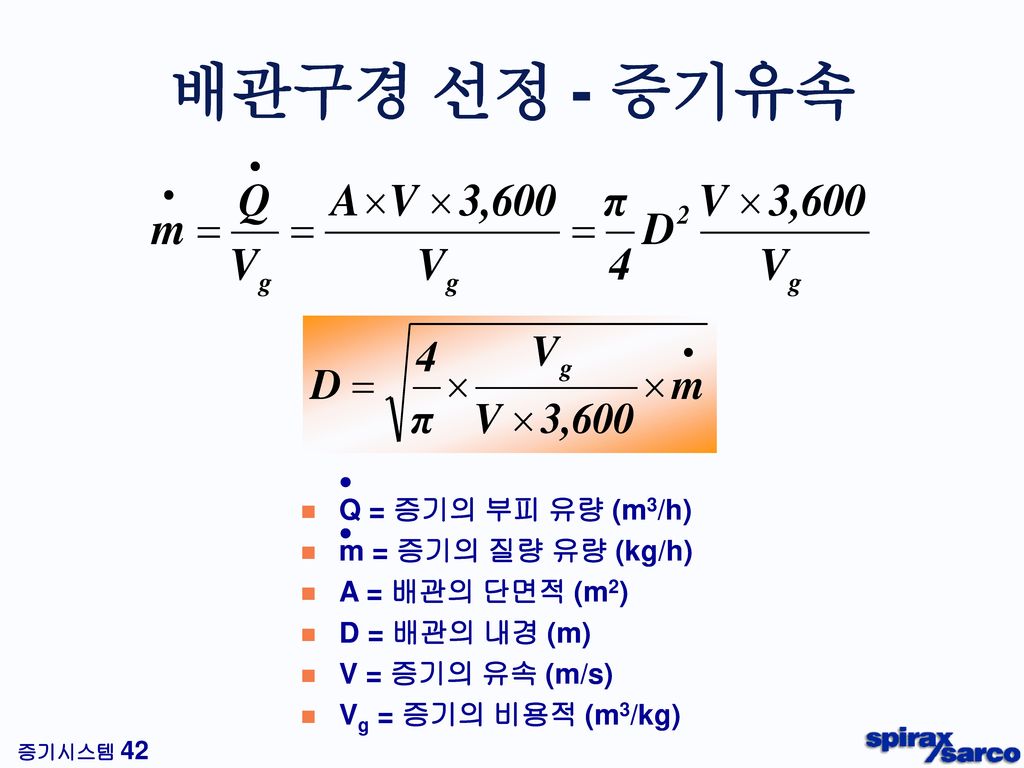 배관구경 선정 - 증기유속 Q = 증기의 부피 유량 (m3/h) m = 증기의 질량 유량 (kg/h)