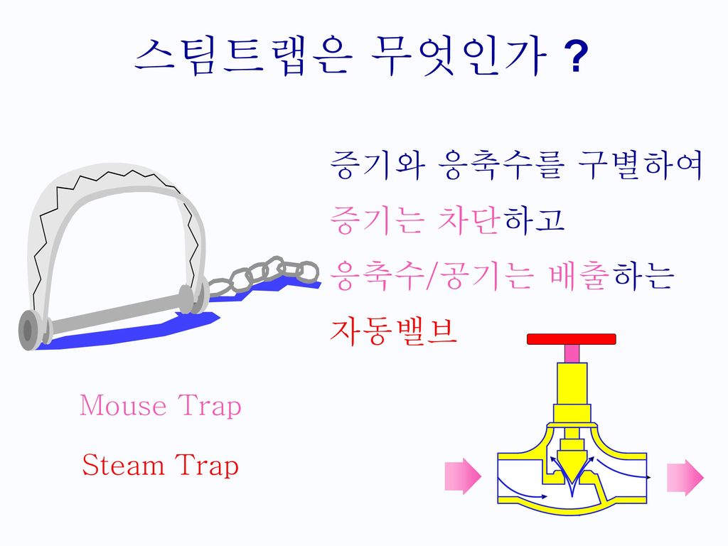 스팀트랩은 무엇인가 증기와 응축수를 구별하여 증기는 차단하고 응축수/공기는 배출하는 자동밸브 Mouse Trap