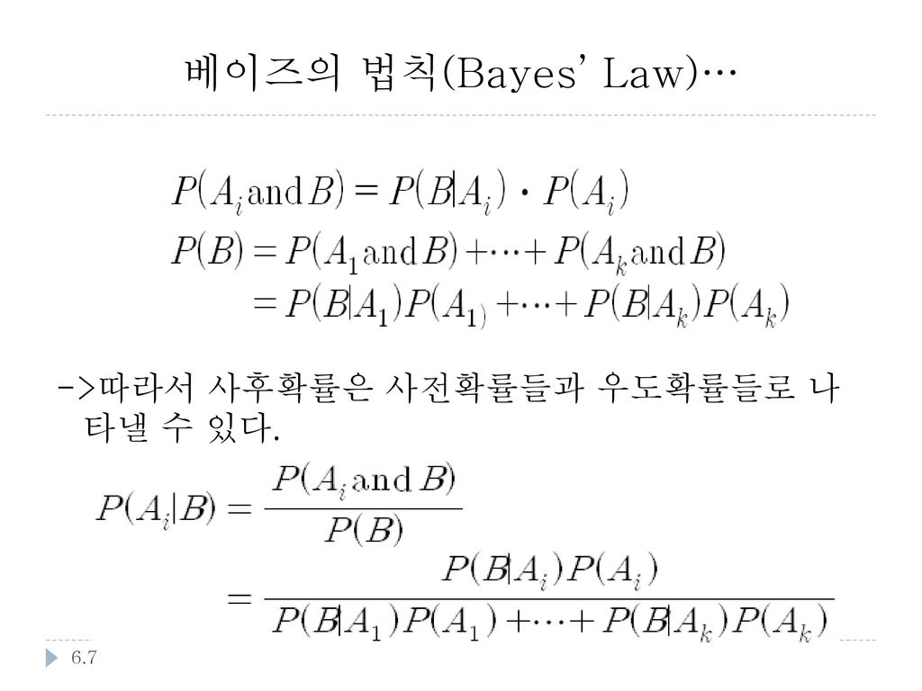 베이즈의 법칙(Bayes’ Law)… ->따라서 사후확률은 사전확률들과 우도확률들로 나 타낼 수 있다.