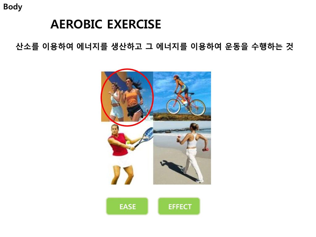 AEROBIC EXERCISE Body 산소를 이용하여 에너지를 생산하고 그 에너지를 이용하여 운동을 수행하는 것 EASE