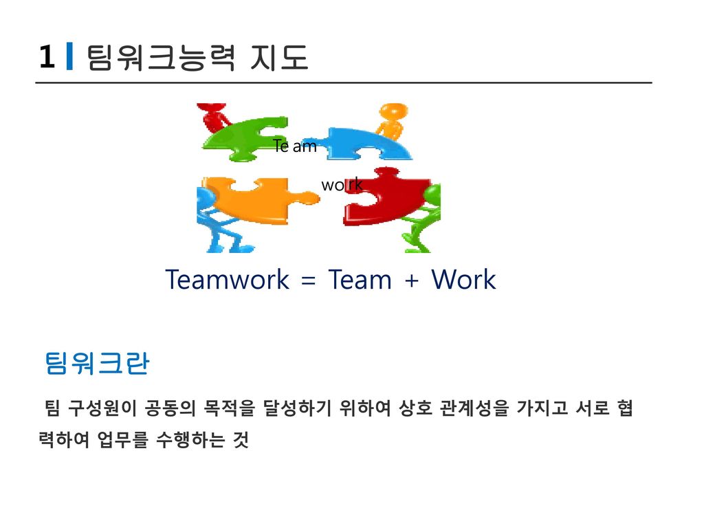 1 팀워크능력 지도 Teamwork = Team + Work 팀워크란 Te am wo rk