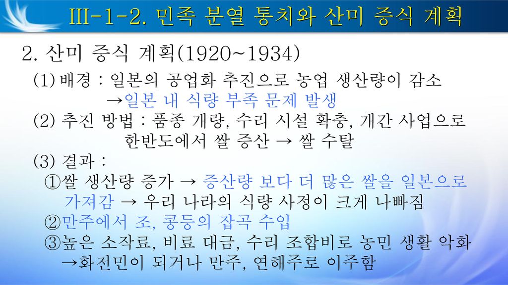 III-1-2. 민족 분열 통치와 산미 증식 계획 2. 산미 증식 계획(1920~1934)