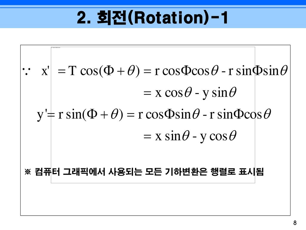 2. 회전(Rotation)-1 ※ 컴퓨터 그래픽에서 사용되는 모든 기하변환은 행렬로 표시됨