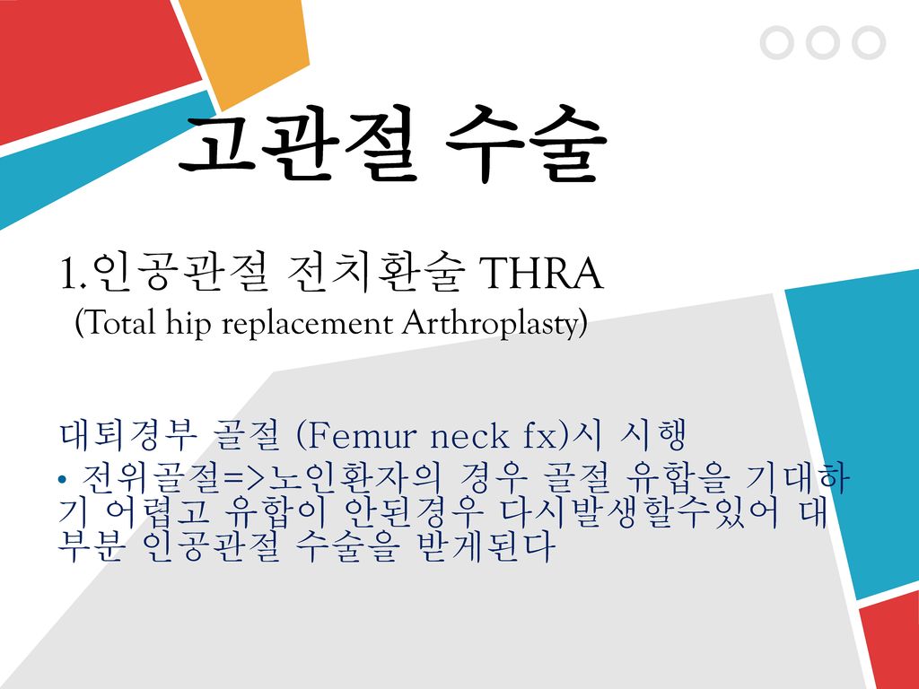 고관절 수술 1.인공관절 전치환술 THRA (Total hip replacement Arthroplasty)