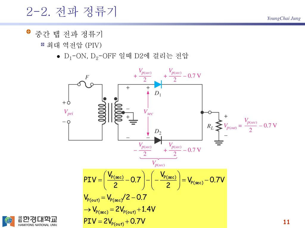 2-2. 전파 정류기 중간 탭 전파 정류기 최대 역전압 (PIV) D1-ON, D2-OFF 일때 D2에 걸리는 전압
