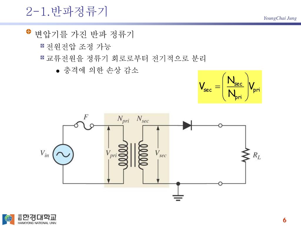 2-1.반파정류기 변압기를 가진 반파 정류기 전원전압 조정 가능 교류전원을 정류기 회로로부터 전기적으로 분리