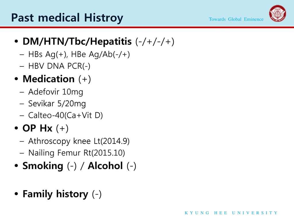 Past medical Histroy DM/HTN/Tbc/Hepatitis (-/+/-/+) Medication (+)