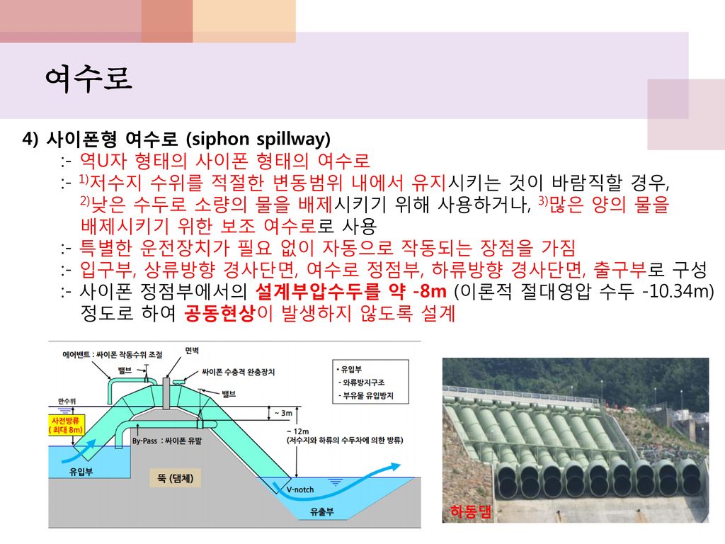 여수로 4) 사이폰형 여수로 (siphon spillway) :- 역U자 형태의 사이폰 형태의 여수로