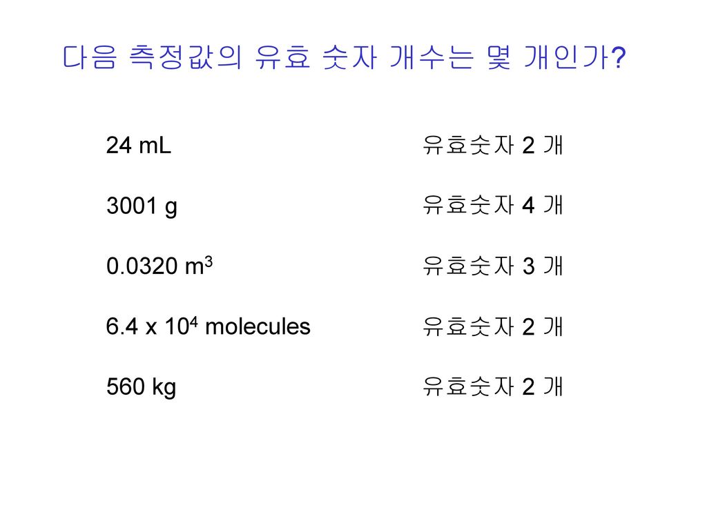 다음 측정값의 유효 숫자 개수는 몇 개인가 24 mL 유효숫자 2 개 3001 g 유효숫자 4 개 m3