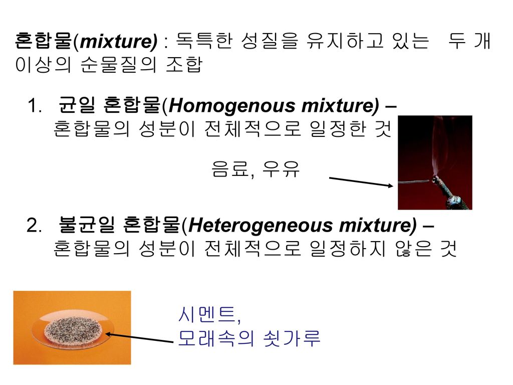 혼합물(mixture) : 독특한 성질을 유지하고 있는 두 개 이상의 순물질의 조합